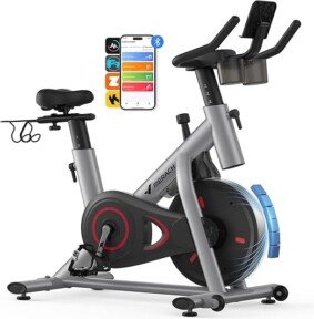 MERACH Exercise Bike, Brake Pad Stationary Bike with Exclusive App, Low Noise Indoor Cycling Bike with 300lbs Weight Capacity, Tablet Mount and Fitness Courses for Weight Loss.