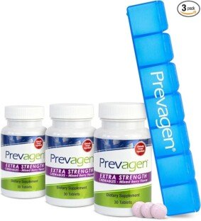 Prevagen Extra Strength 20mg, 30 Chewables |Mixed Berry-3 Pack| with Apoaequorin & Vitamin D & Prevagen 7-Day Pill Minder