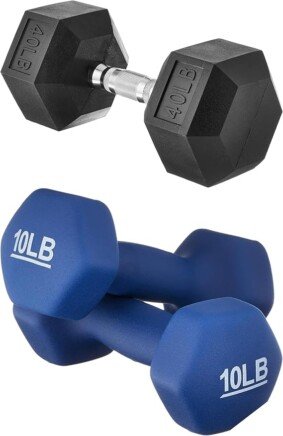 Amazon Basics Rubber Encased Hex Dumbbell Weight - 14 x 6.3 x 5.5 Inches, 40 Pounds, Pack of 1 & Neoprene Dumbbell Hand Weights, 10 Pound Each, Navy Blue - Set of 2