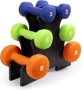 Marcy 3-Pair Neoprene Coated Dumbbell Set (Total 32-lbs) with Dumbbell Rack - Hand Weights for Home Exercise, Yoga, Fitness Training NDS-32B